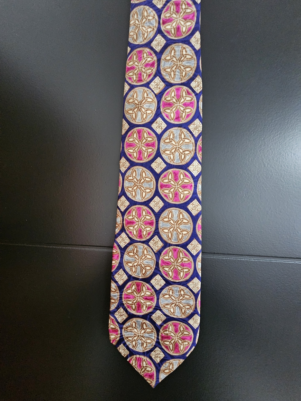 Silk-Feel Men's Tie in Navy with Pink and Gold Medallion Pattern